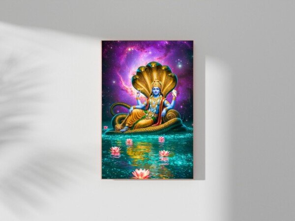 vishnu on snake canvas wall art shown framed on a wall