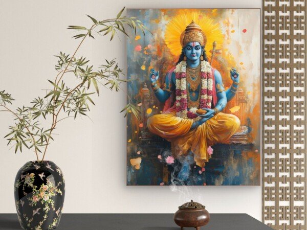vishnu blue form canvas wall art shown framed on a wall