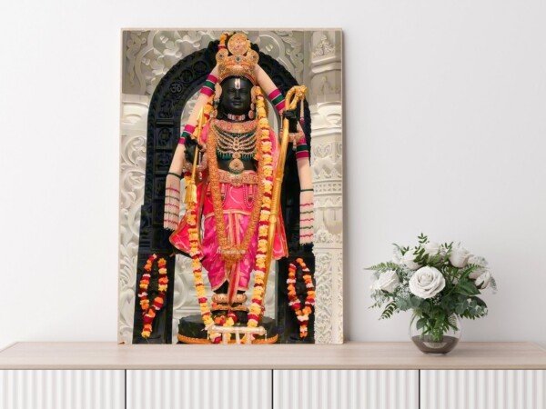 beautiful lord krishna statue canvas wall art shown framed on a wall