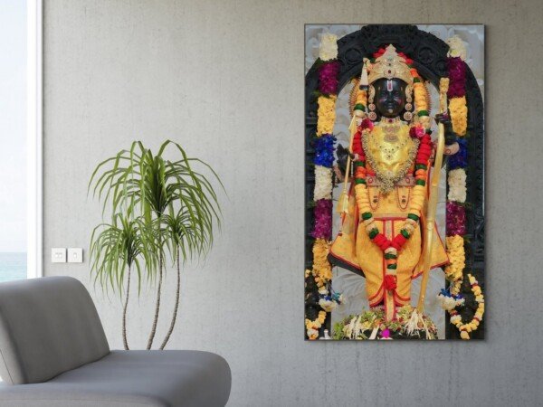 lord krishna statue canvas wall art shown framed on a wall
