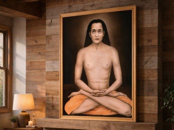 mahavatar babaji canvas wall art shown framed on a wall