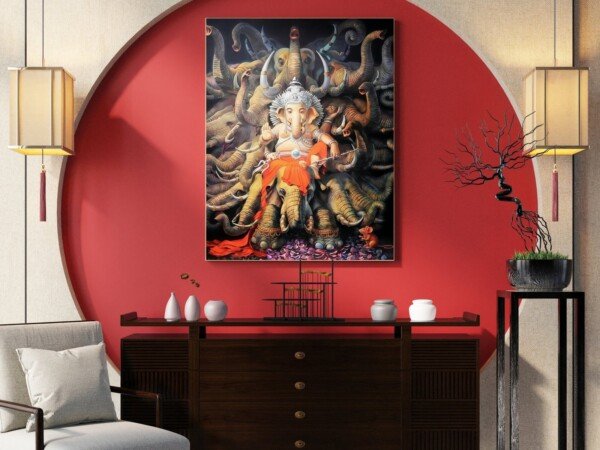 ganesha with elephants canvas wall art shown framed on a wall
