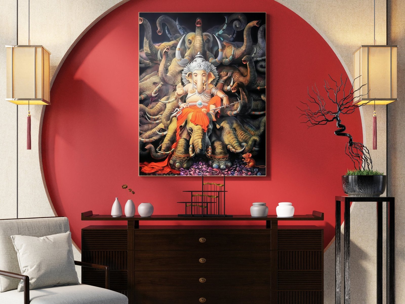 Ganesha with Elephants framed canvas wall art