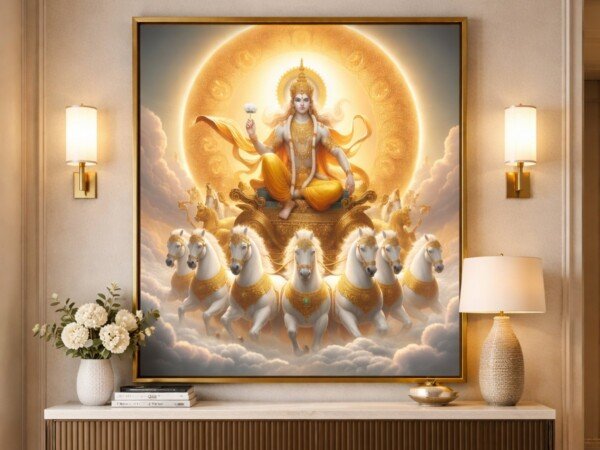 surya in chariot canvas wall art shown framed on a wall