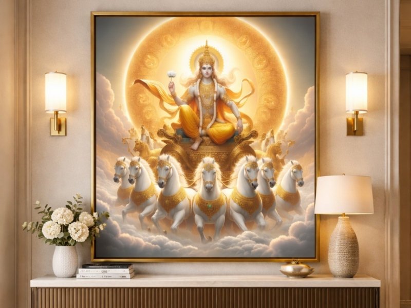 surya in chariot canvas wall art shown framed on a wall