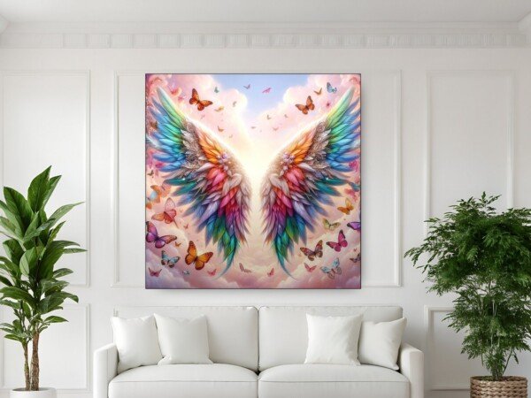 rainbow wings and butterflies canvas wall art shown framed on a wall