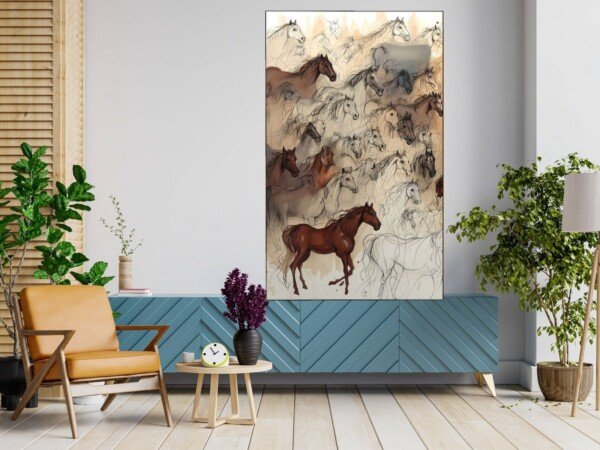 horse studies collage canvas wall art shown framed on a wall