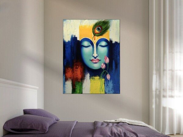 krishna serene face canvas wall art shown framed on a wall