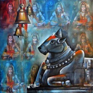 Nandi and the Jyotirlingas Canvas Wall Art 3x4 Feet – Floating Frame – Premium Digital Canvas Print – Living Room & गृह आध्यात्मिक दीवार सजावट