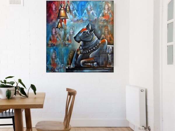 nandi and the jyotirlingas canvas wall art shown framed on a wall