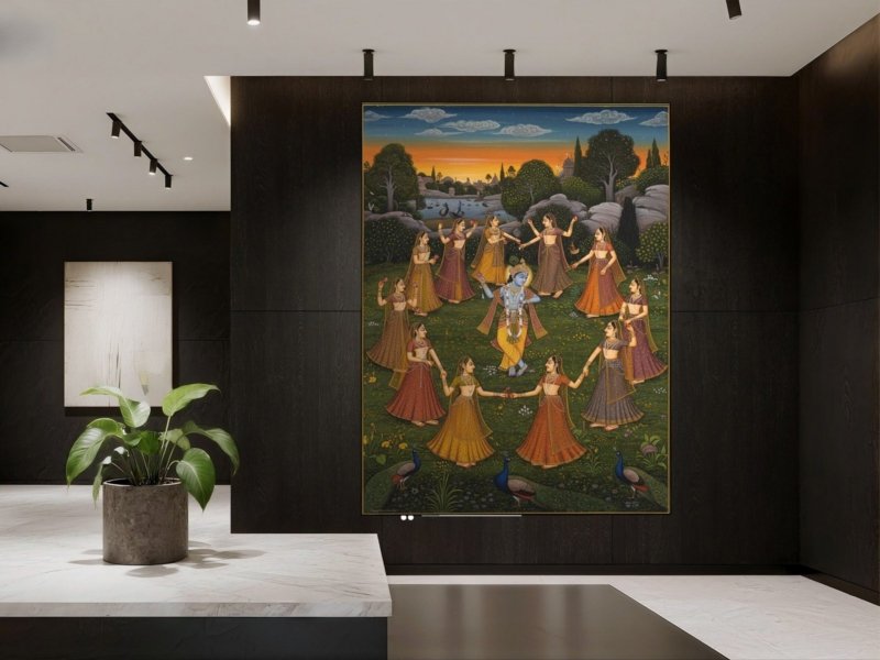 raas leela miniature canvas wall art shown framed on a wall
