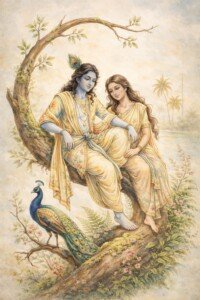 Radha Krishna on the Branch Canvas Wall Art 3x4 Feet – Floating Frame – Premium Digital Canvas Print – Living Room & Home Spiritual Wall Décor