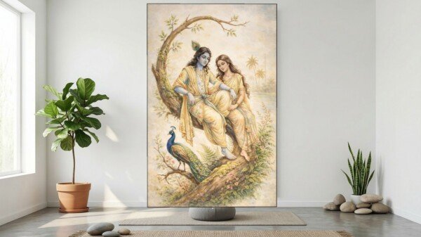 radha krishna on the branch canvas wall art shown framed on a wall