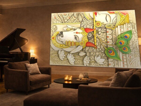 sacred cow relief art canvas wall art shown framed on a wall