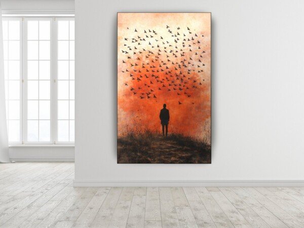 murmuration at dusk canvas wall art shown framed on a wall