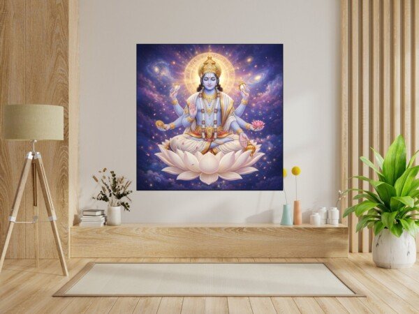 vishnu cosmic lotus canvas wall art shown framed on a wall