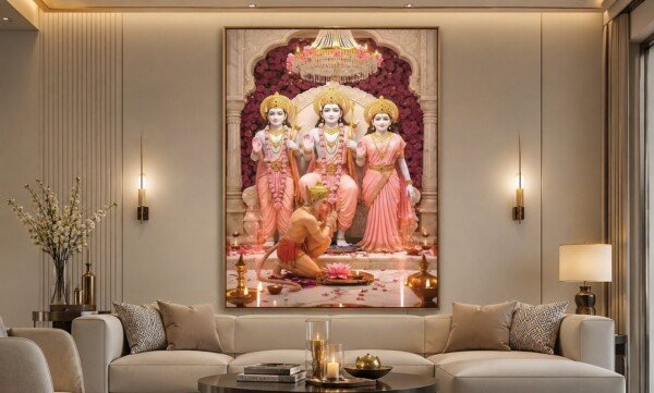 ram darbar blessing canvas wall art shown framed on a wall