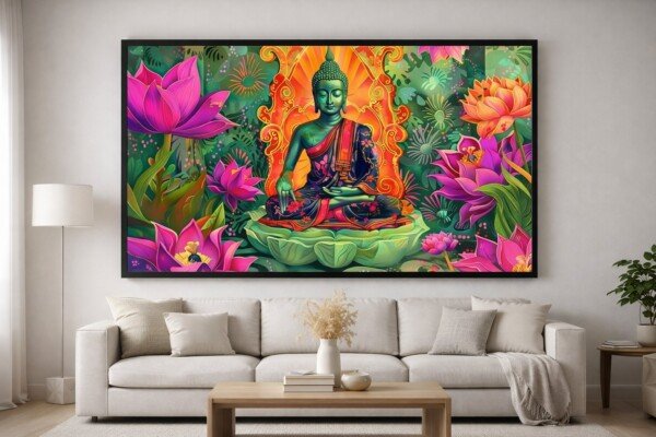 neon jungle buddha canvas wall art shown framed on a wall