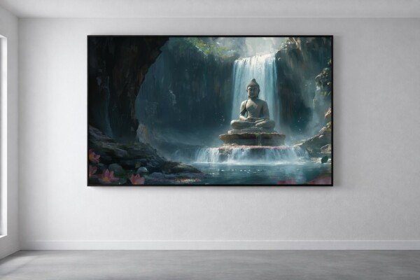 serene buddha statue canvas wall art shown framed on a wall