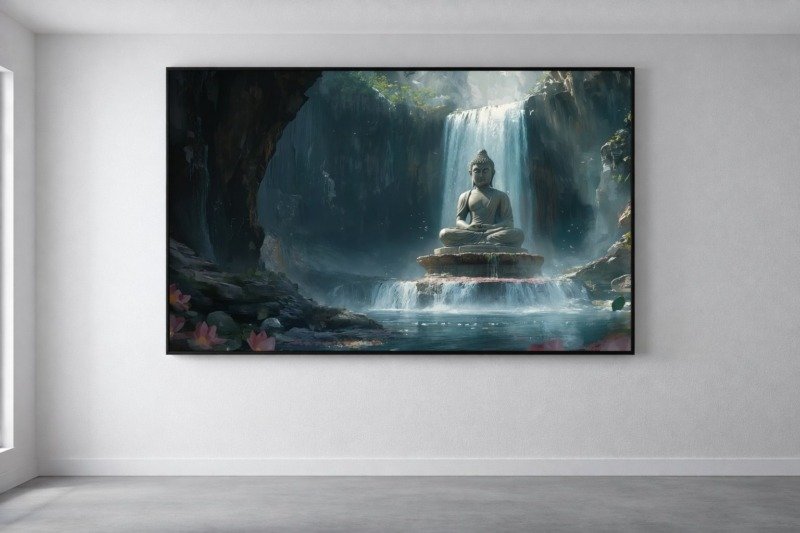 serene buddha statue canvas wall art shown framed on a wall