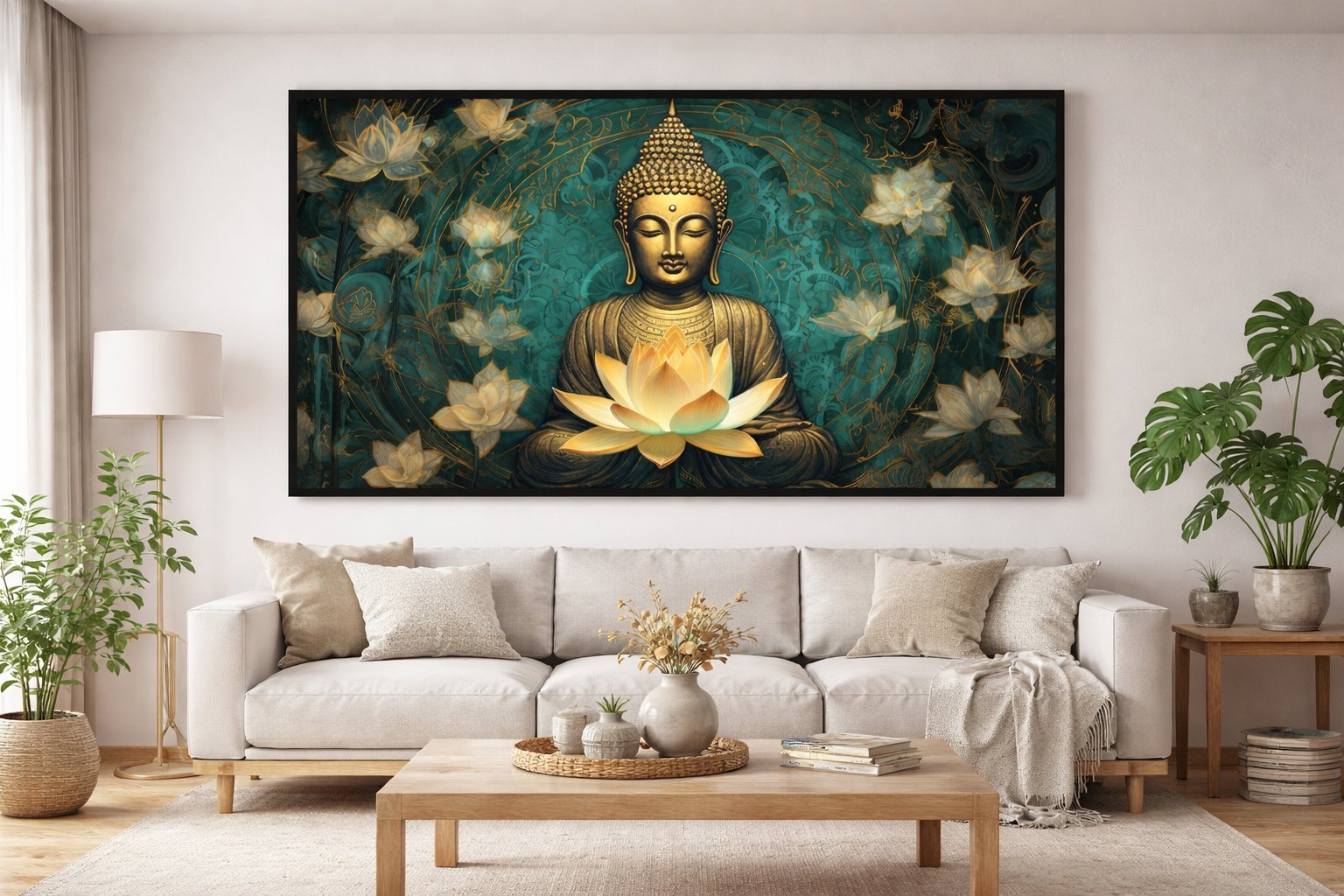 Teal Buddha Lotus Mural canvas wall art placement