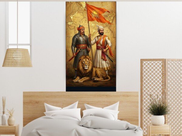 maratha pride with lion canvas wall art shown framed on a wall