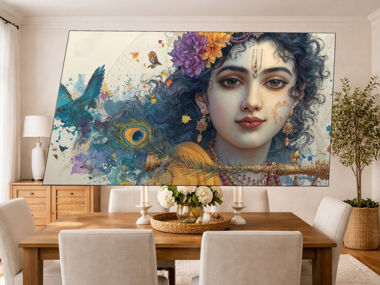 Krishna Watercolor Gaze canvas wall art placement