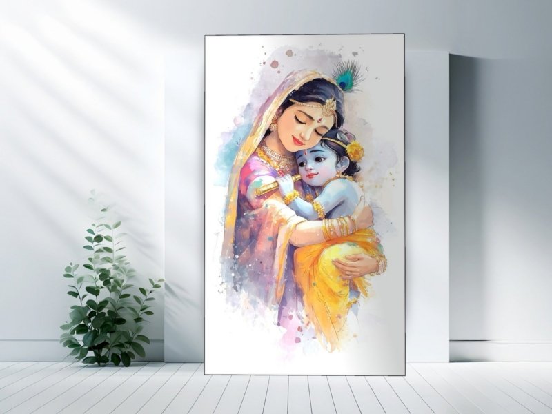 mother and little krishna canvas wall art shown framed on a wall