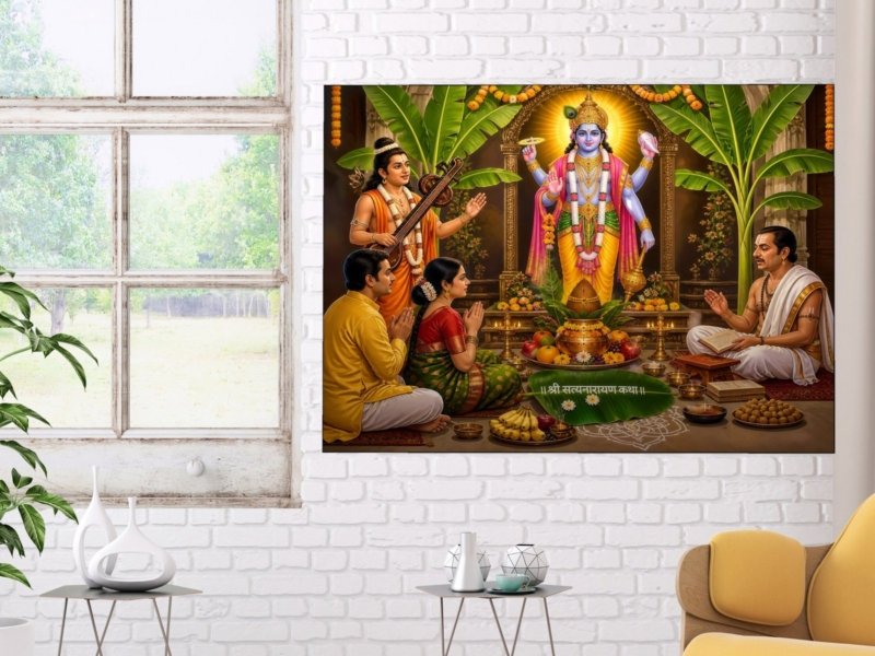 satyanarayan katha scene canvas wall art shown framed on a wall