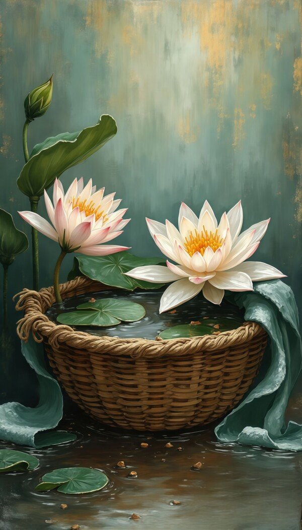 lotus basket still life canvas wall art