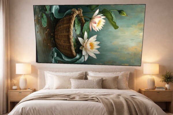 lotus basket still life canvas wall art shown framed on a wall