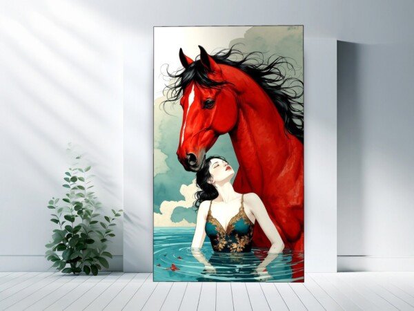 crimson horse reverie canvas wall art shown framed on a wall