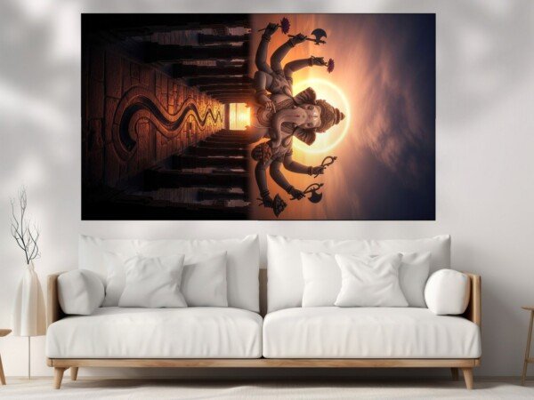ganesha dawn silhouette canvas wall art shown framed on a wall