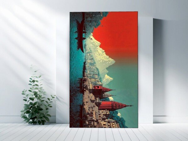 varanasi teal poster canvas wall art shown framed on a wall