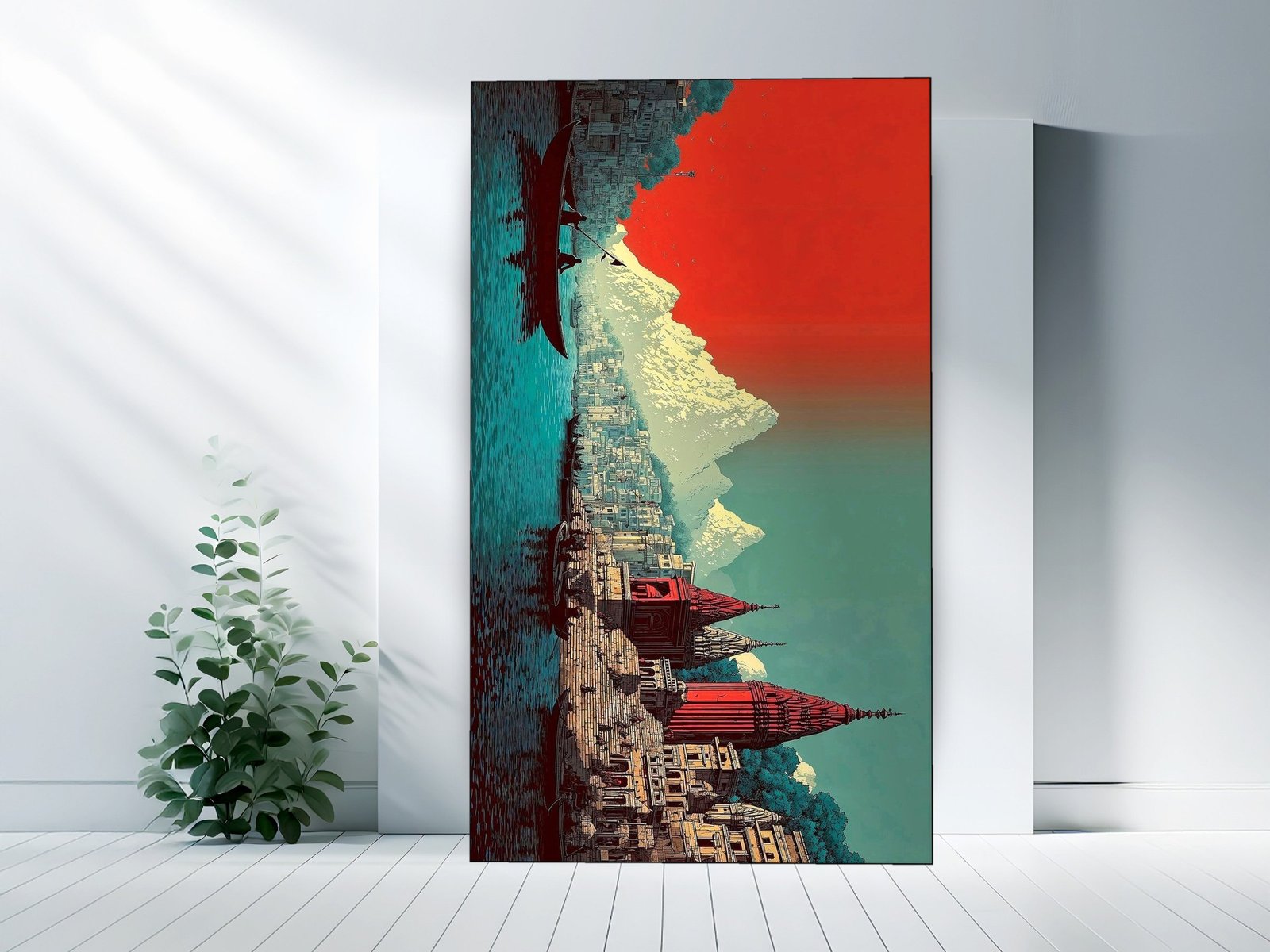 Varanasi Teal Poster framed canvas wall art