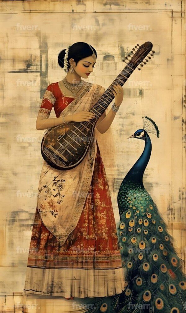 Veena Player with Peacock Canvas Wall Art 3x4 Feet – Floating Frame – Premium Digital Canvas Print – Living Room & Home Spiritual Wall Décor