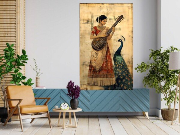 veena player with peacock canvas wall art shown framed on a wall