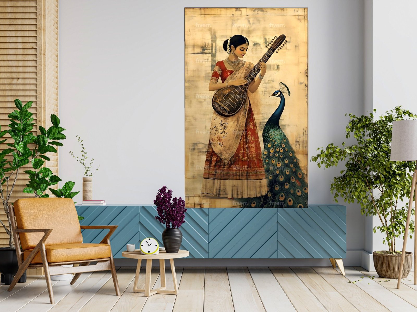 Veena Player with Peacock framed canvas wall art