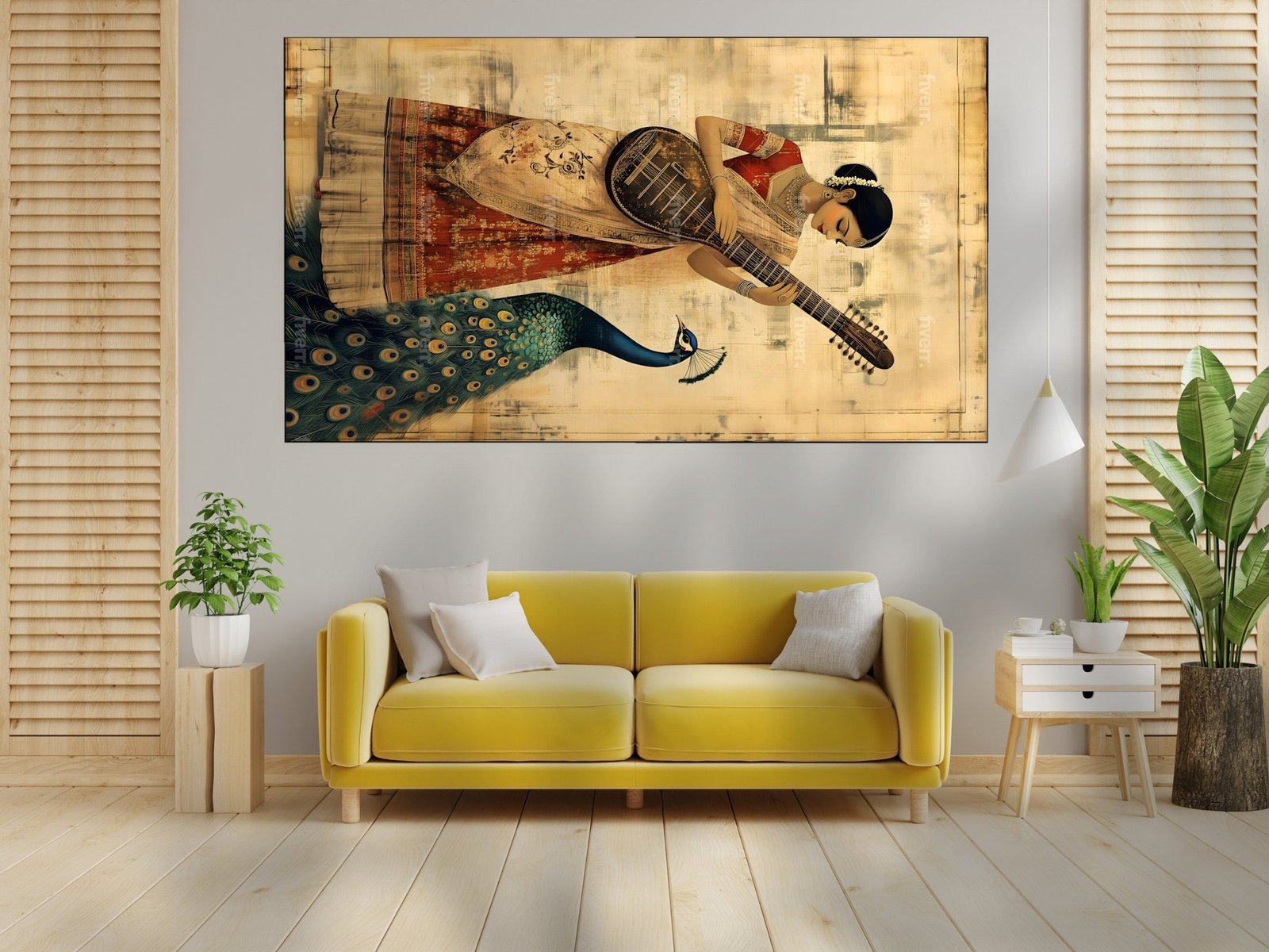 Veena Player with Peacock canvas wall art placement