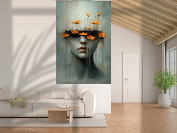 marigold dreams portrait canvas wall art shown framed on a wall