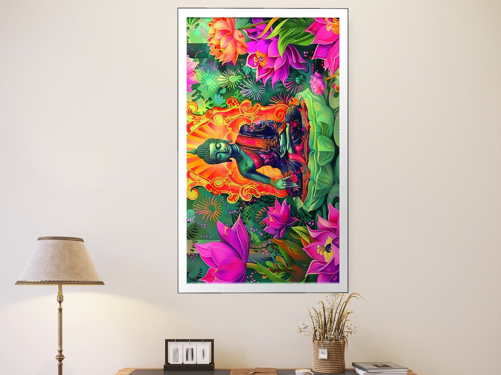Neon Jungle Buddha canvas wall art placement