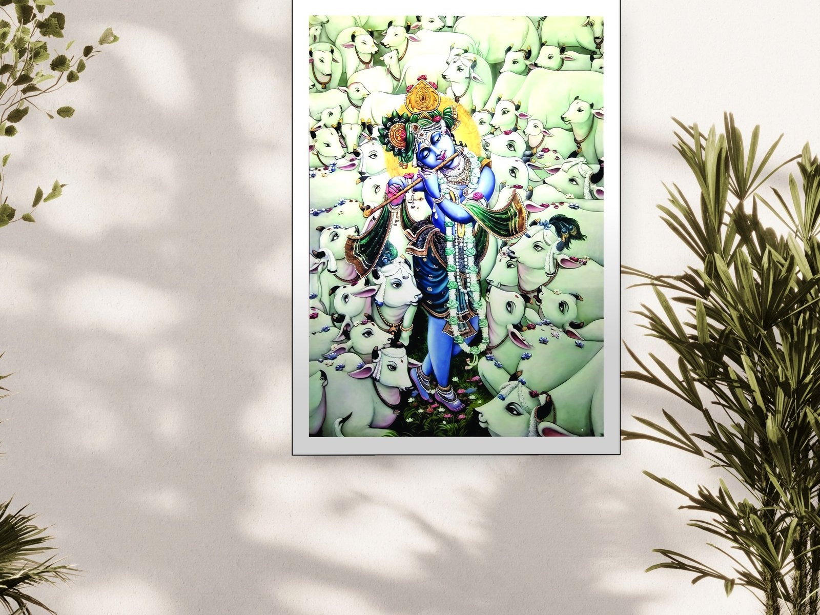 Krishna with White Cows canvas wall art placement
