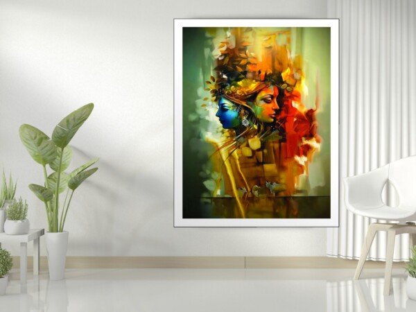 radha krishna painted faces canvas wall art shown framed on a wall