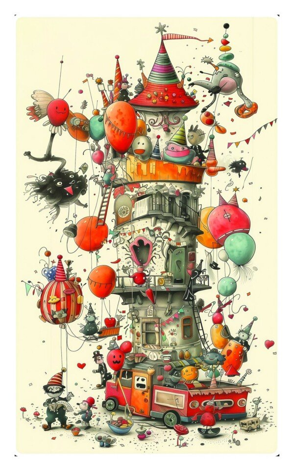 whimsical tower scene canvas wall art