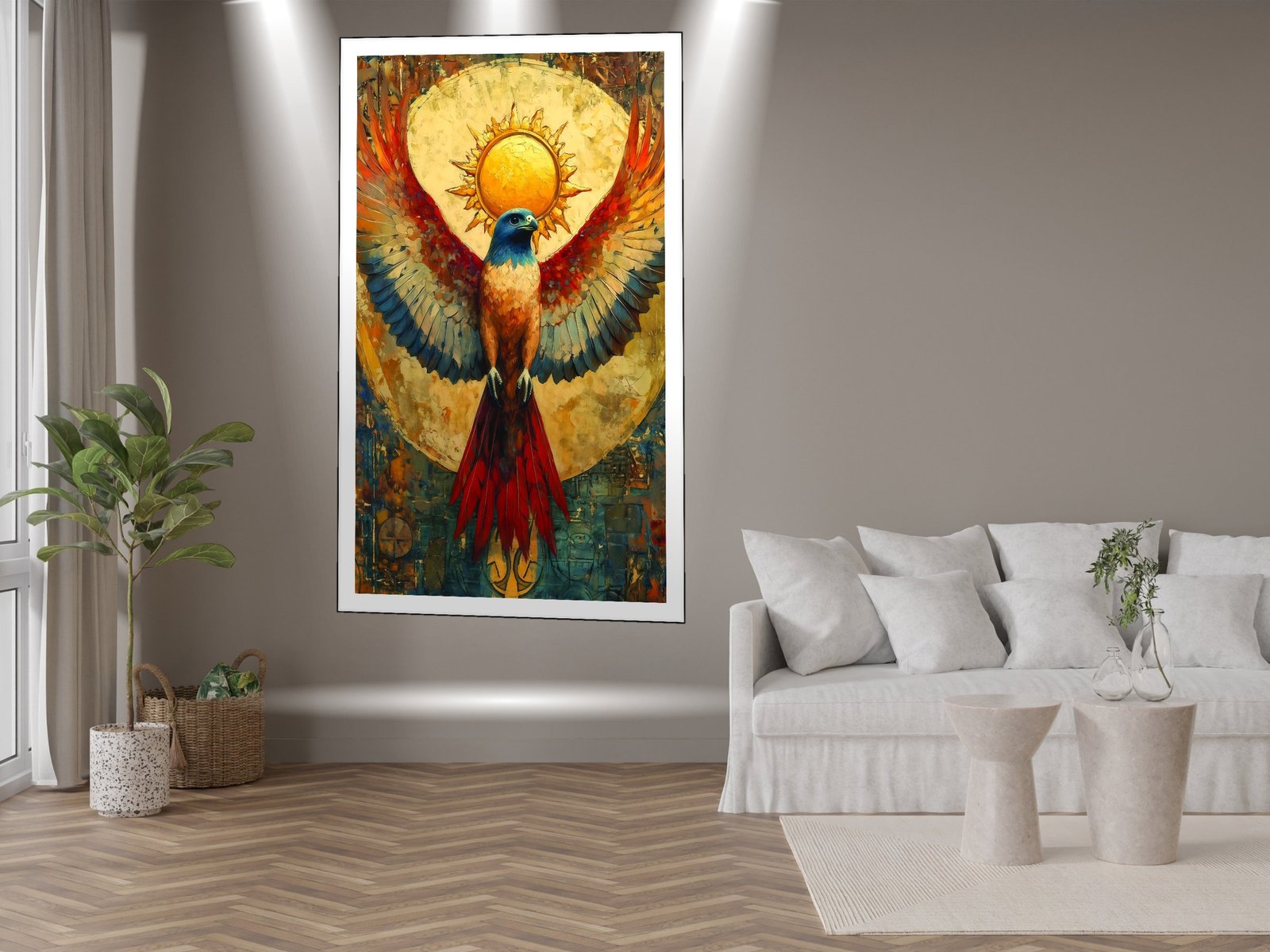 Sun Phoenix Vintage Art canvas wall art placement
