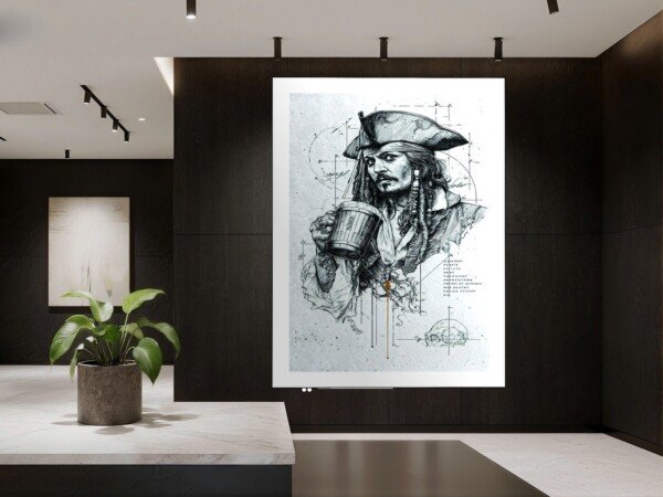 pirate captain sketch canvas wall art shown framed on a wall