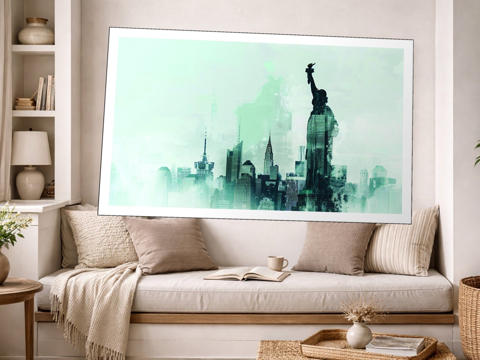 Teal City Mirage canvas wall art placement