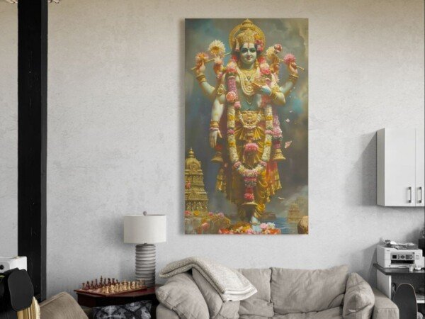 vishnu ji statue art canvas wall art shown framed on a wall