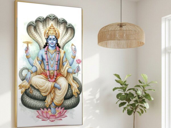 vishnu on shesha canvas wall art shown framed on a wall