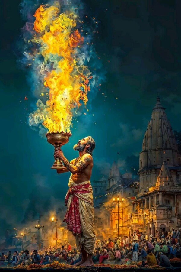 ganga aarti flame canvas wall art